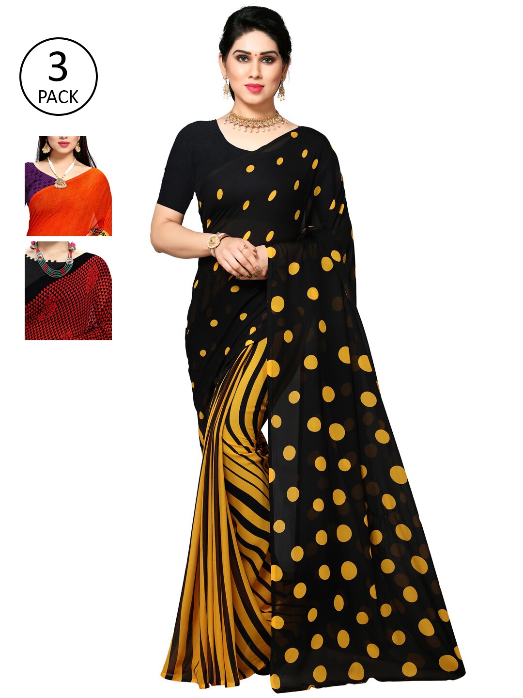 

KALINI Pack Of 3 Printed Sarees, Black