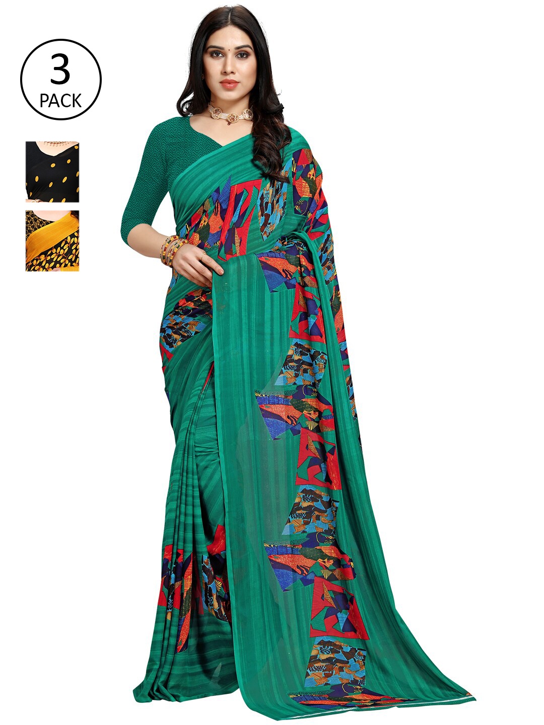 

KALINI Pack Of 3 Printed Sarees, Yellow