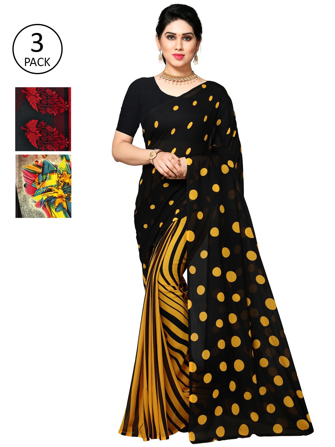

KALINI Multicoloured Set of 3 Poly Georgette Saree, Multi