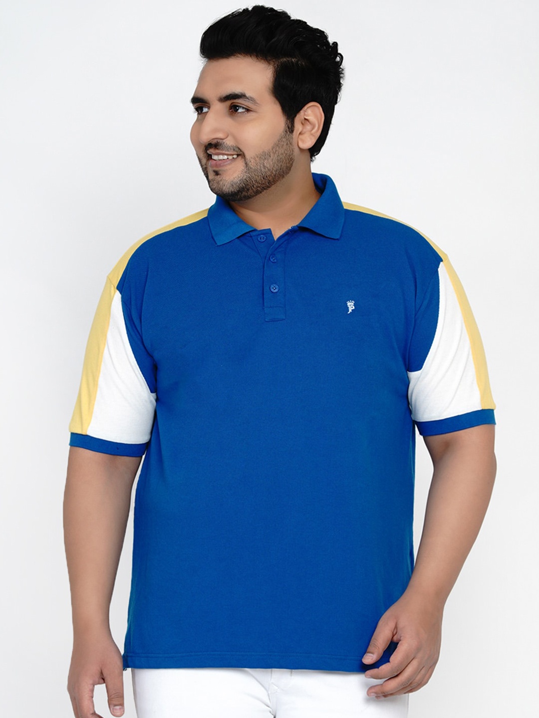 

John Pride Men Blue Plus Size Polo Collar Colourblocked T-shirt
