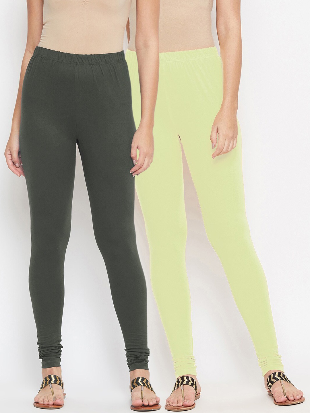

Bitterlime Women Pack of 2 Solid Churidar-Length Cotton Leggings, Olive