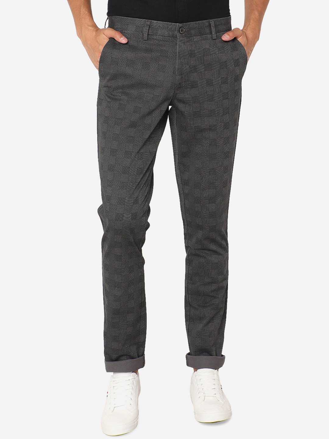 

JADE BLUE Men Grey Checked Slim Fit Pure Cotton Regular Trousers