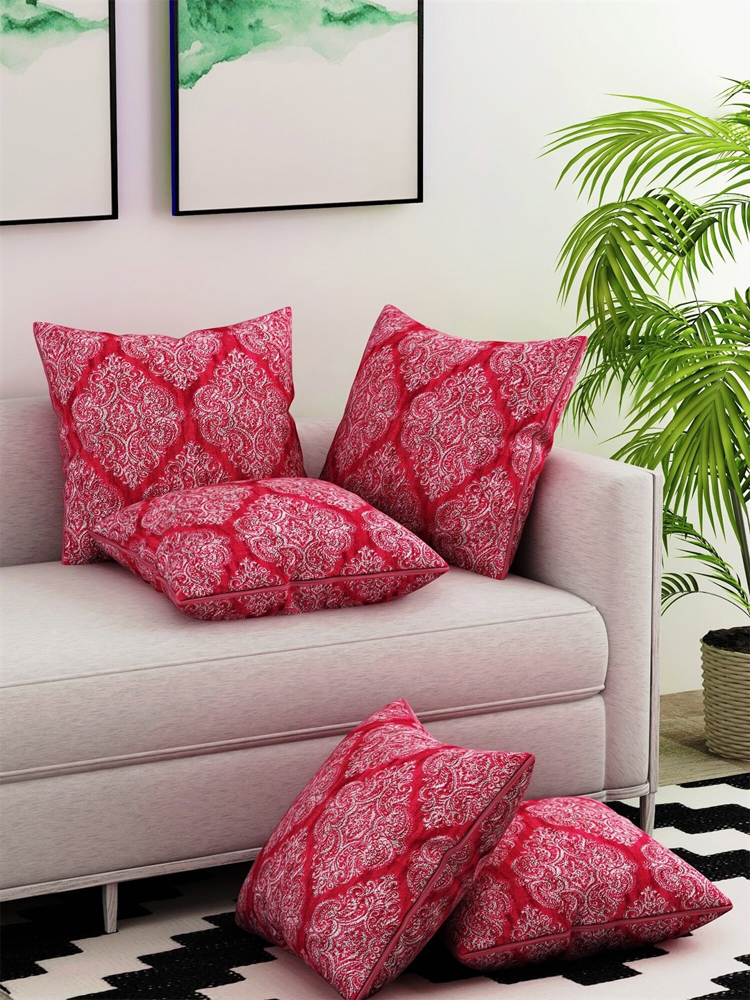 

Salona Bichona Red & White Set of 5 Ethnic Motifs Square Cushion Covers
