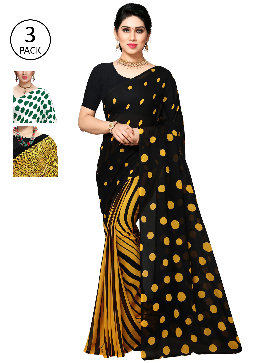 

KALINI Pack of 3 White & Green Saree