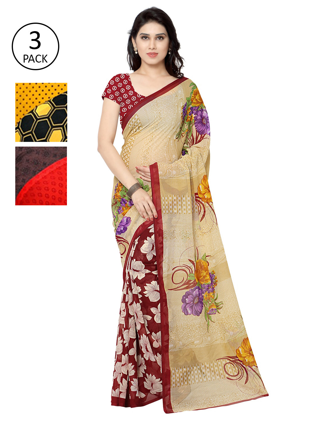 

KALINI Pack of 3 Printed Saree, Black
