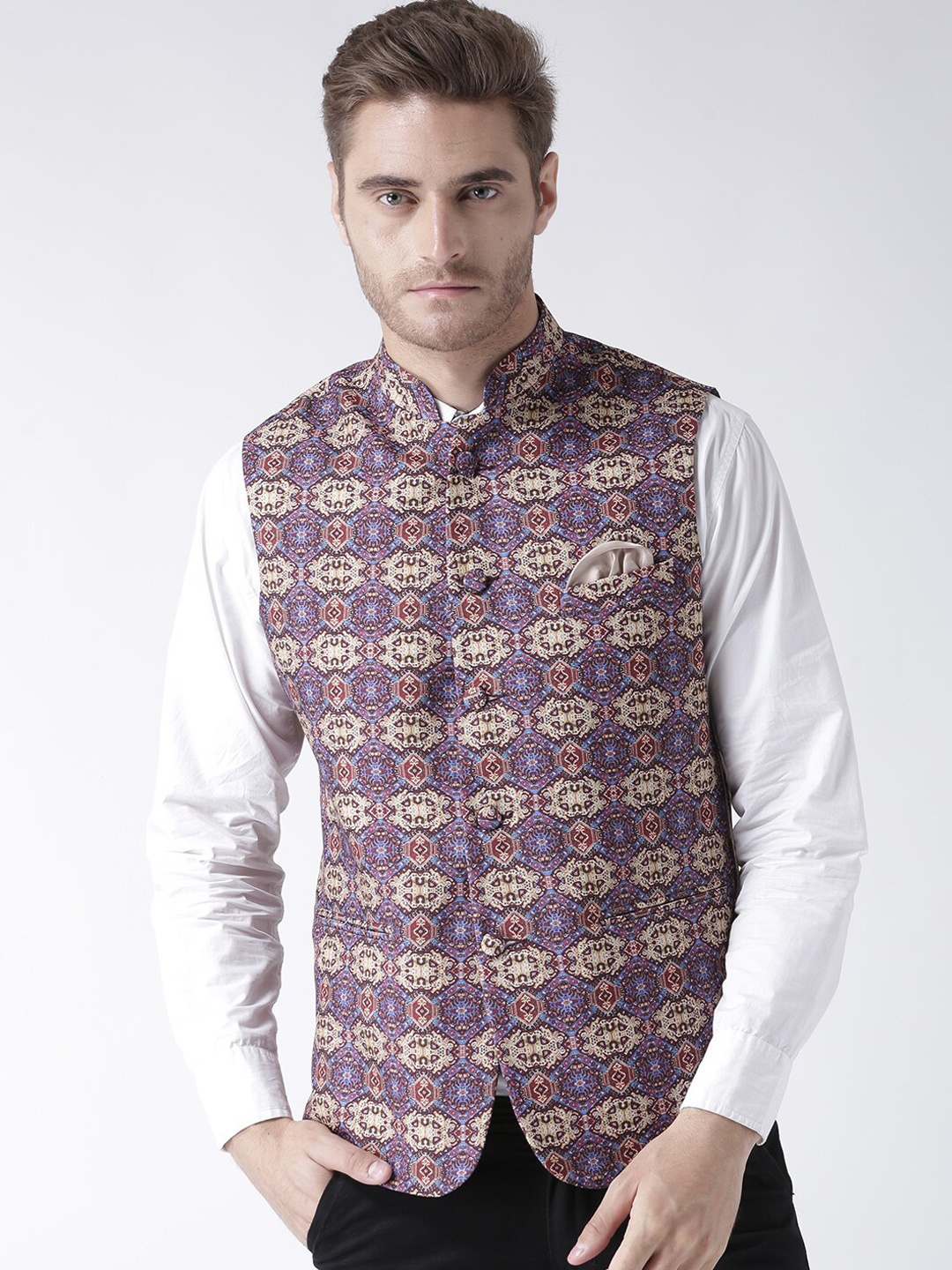 Hangup Men Purple & Red Printed Nehru Jacket