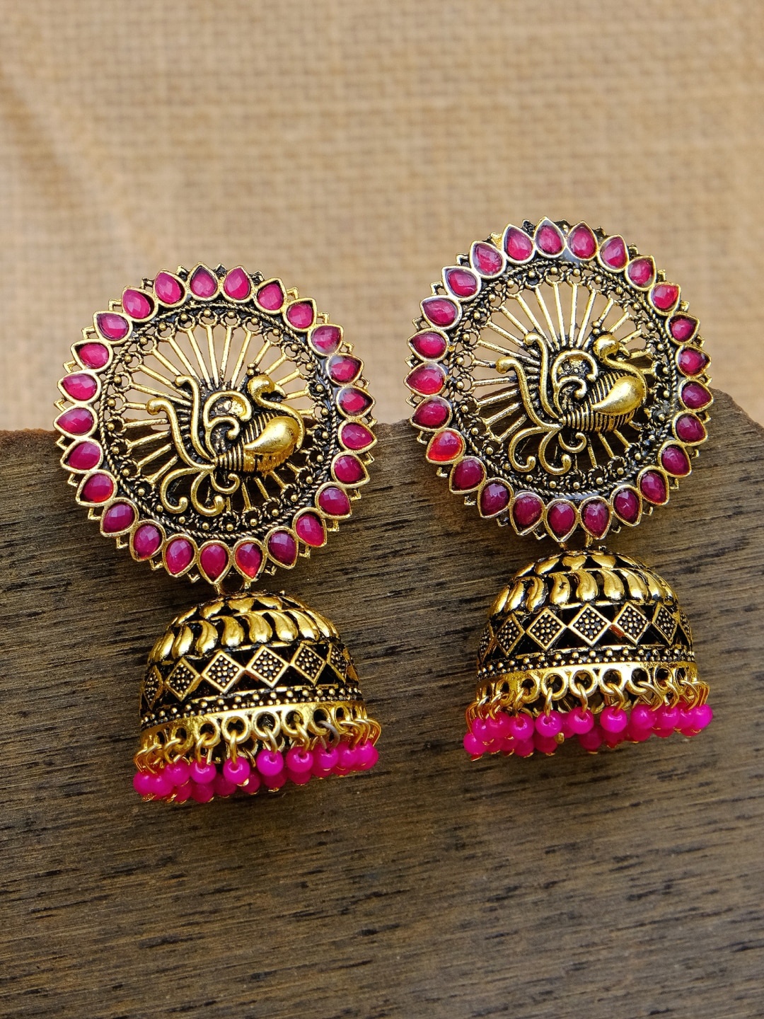 

Crunchy Fashion Pink & Gold-Plated Peacock Shaped Jhumkas Earrings