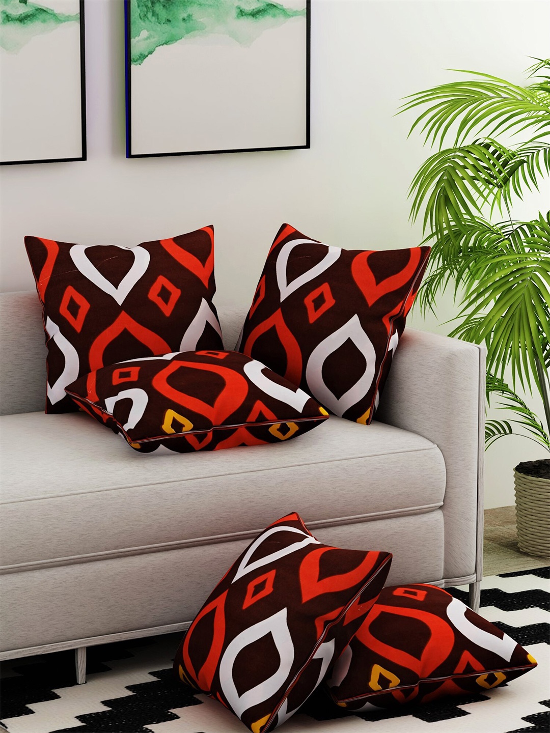 

Salona Bichona Maroon & Orange Set of 5 Geometric Square Cushion Covers