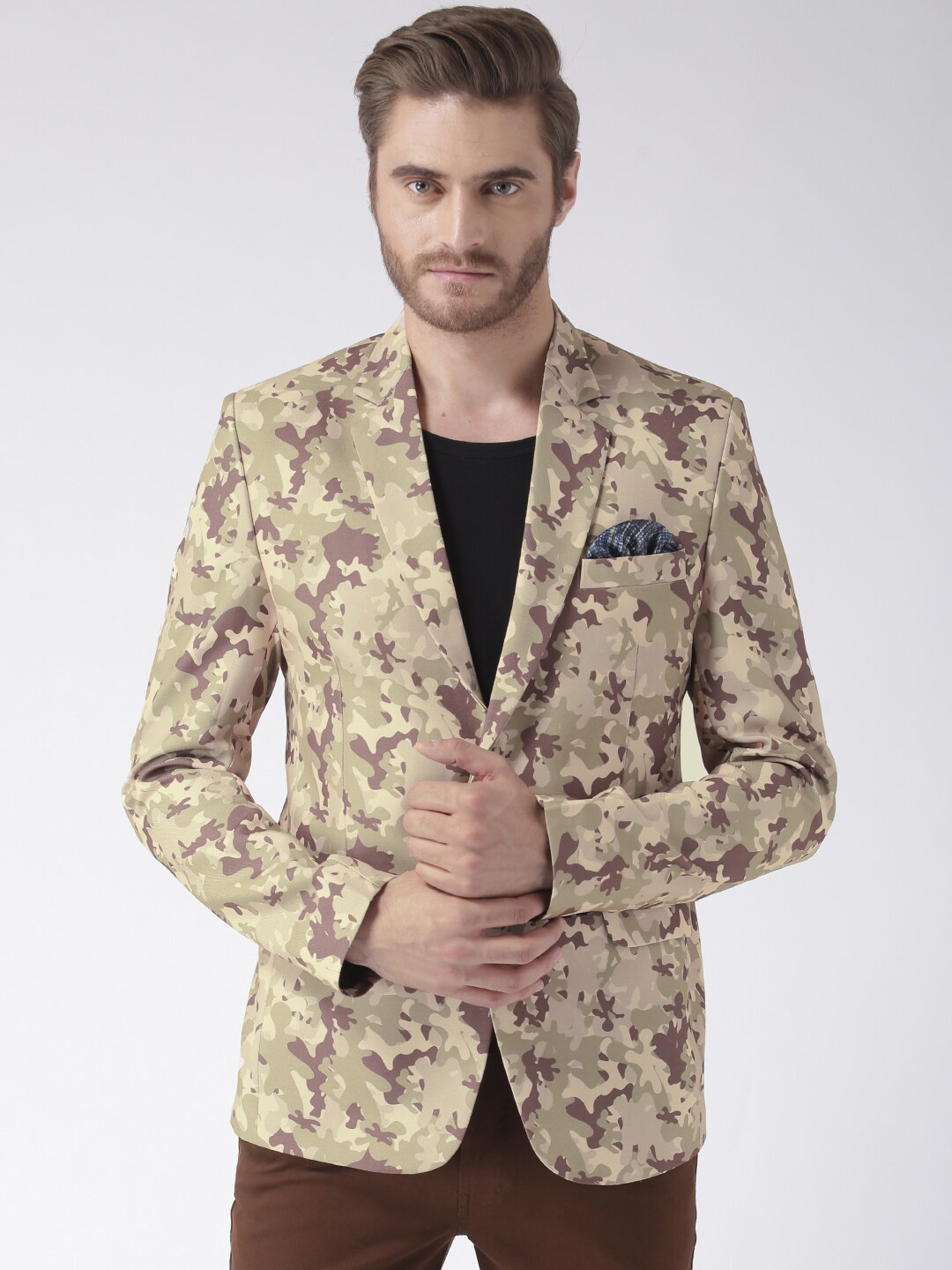 

Hangup Men Khaki Camouflage Printed Single-Breasted Blazer