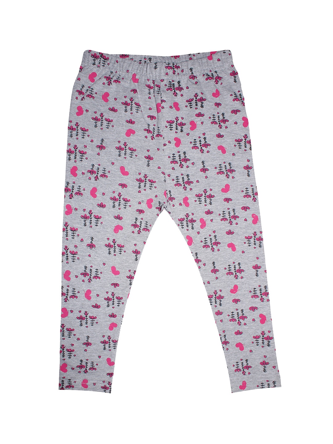 

KiddoPanti Girls Grey Melange & Pink Printed Three-Fourth Length Leggings
