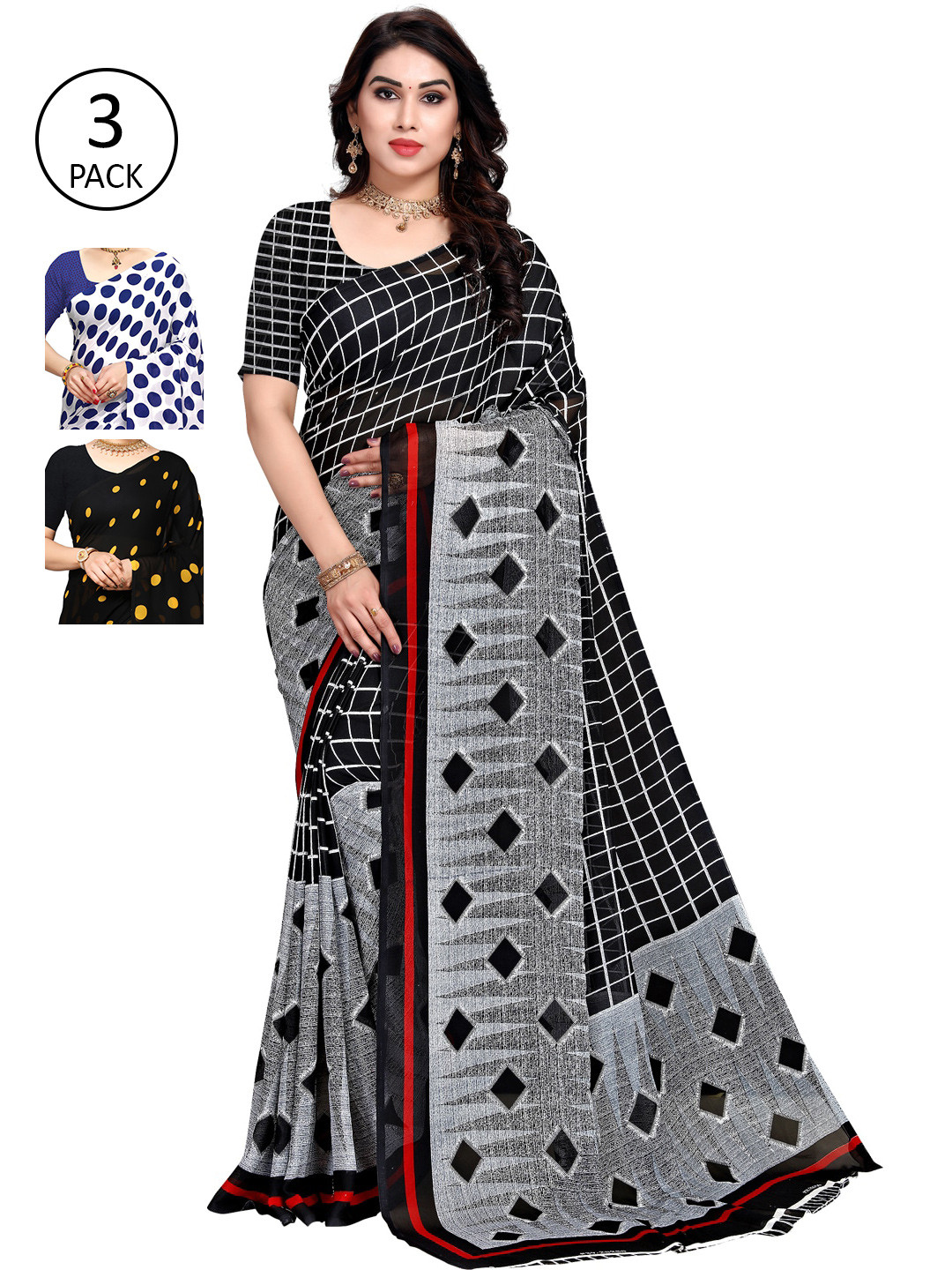 

KALINI Women Pack of 3 Printed Poly Georgette Sarees, Black