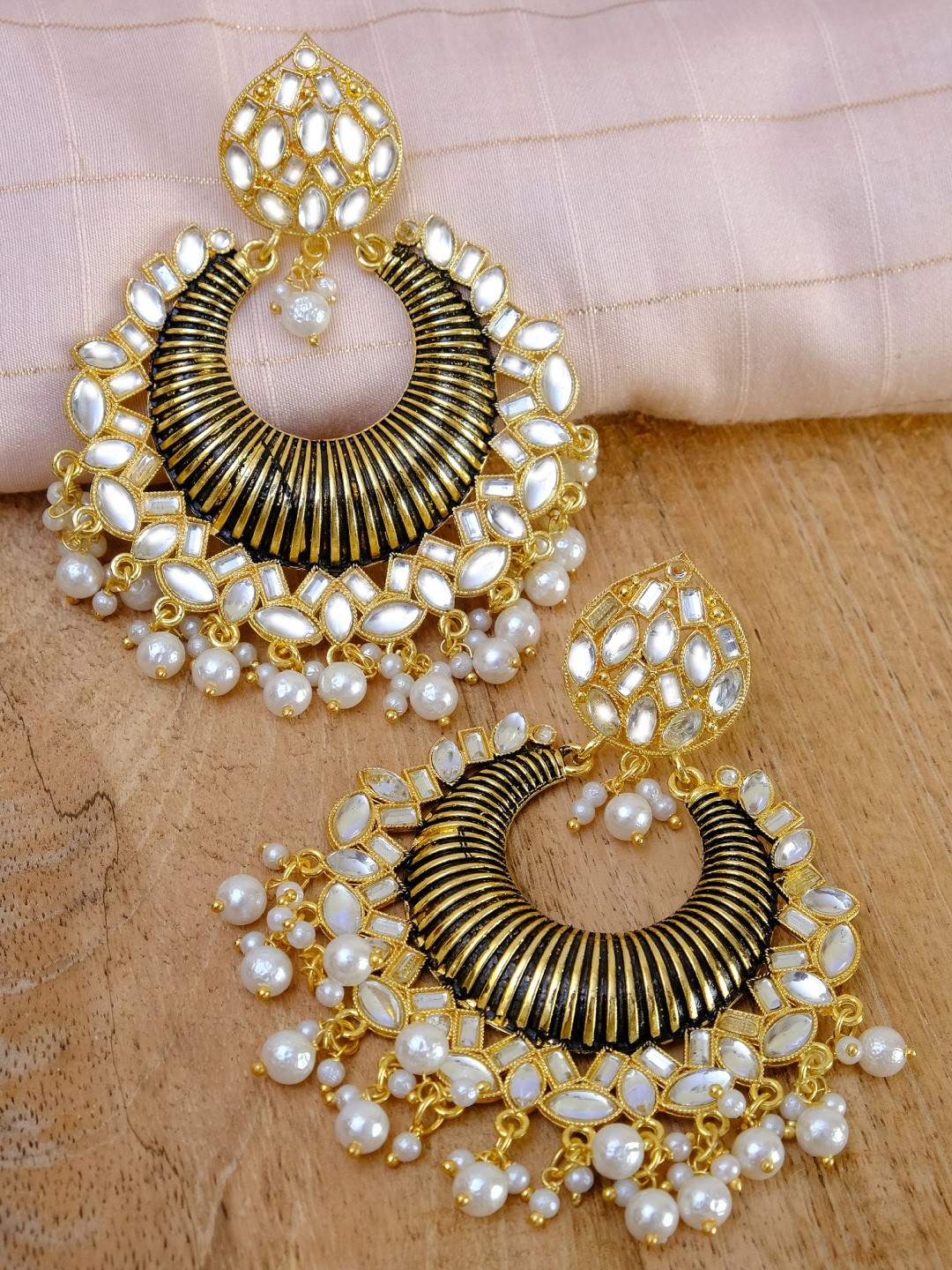 

Crunchy Fashion Black & Gold-Plated Classic Chandbalis Earrings