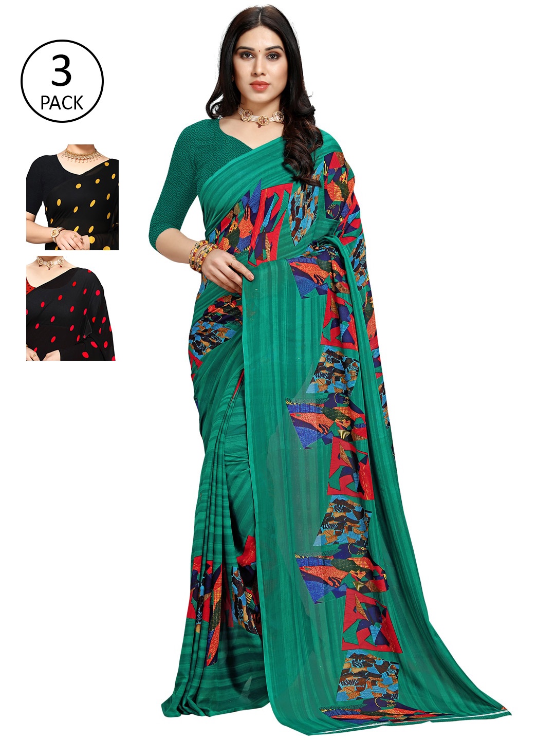 

KALINI Multicoloured Set of 3 Poly Georgette Saree, Multi