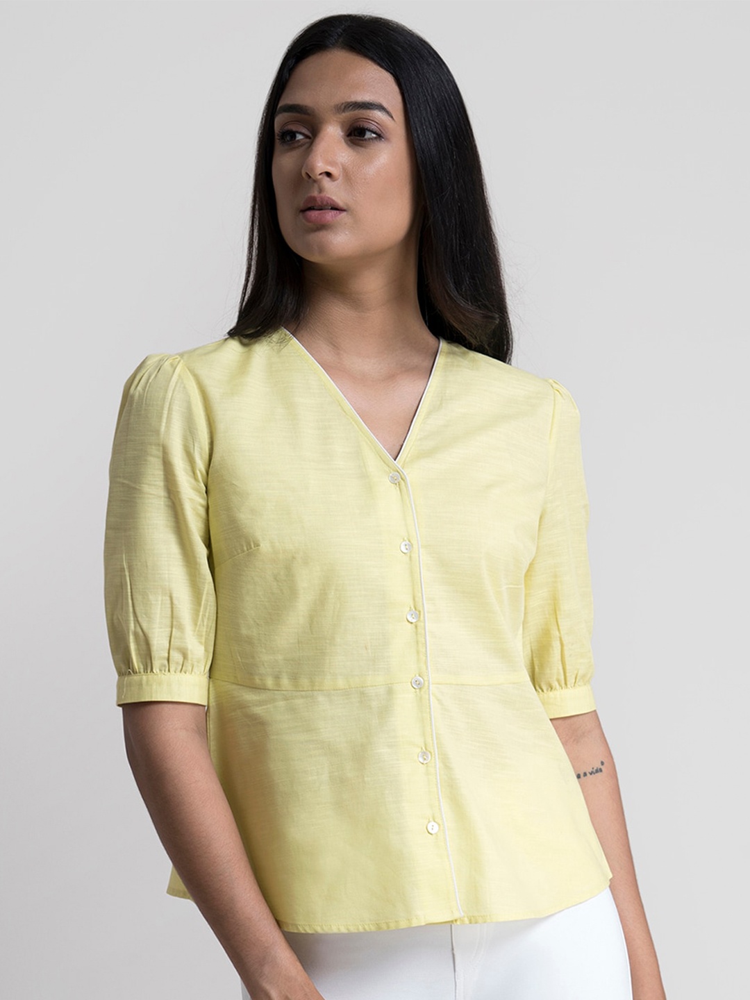 

FableStreet Women Yellow Puff Sleeve Shirt Style Top