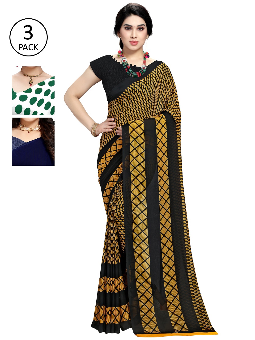 

KALINI Pack Of 3 Multicoloured Poly Georgette Sarees, Multi