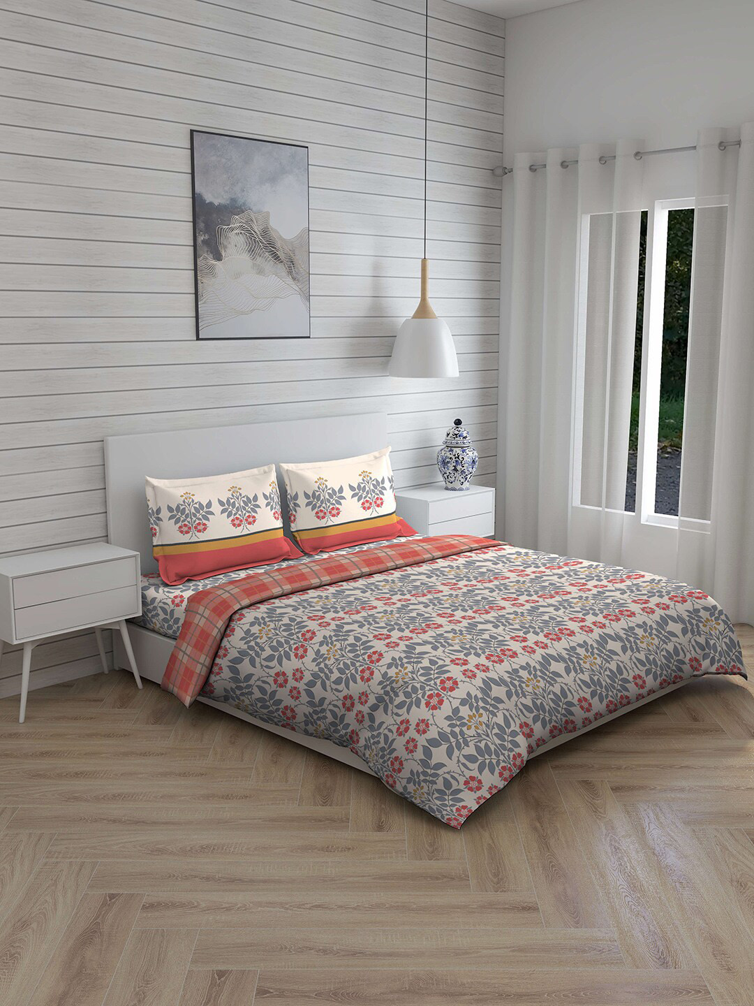 

Layers Grey & Orange Floral Printed 144 TC Double Queen Bedding Set