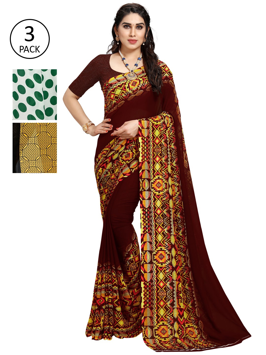 

KALINI White & Green Pack of 3 Printed Saree