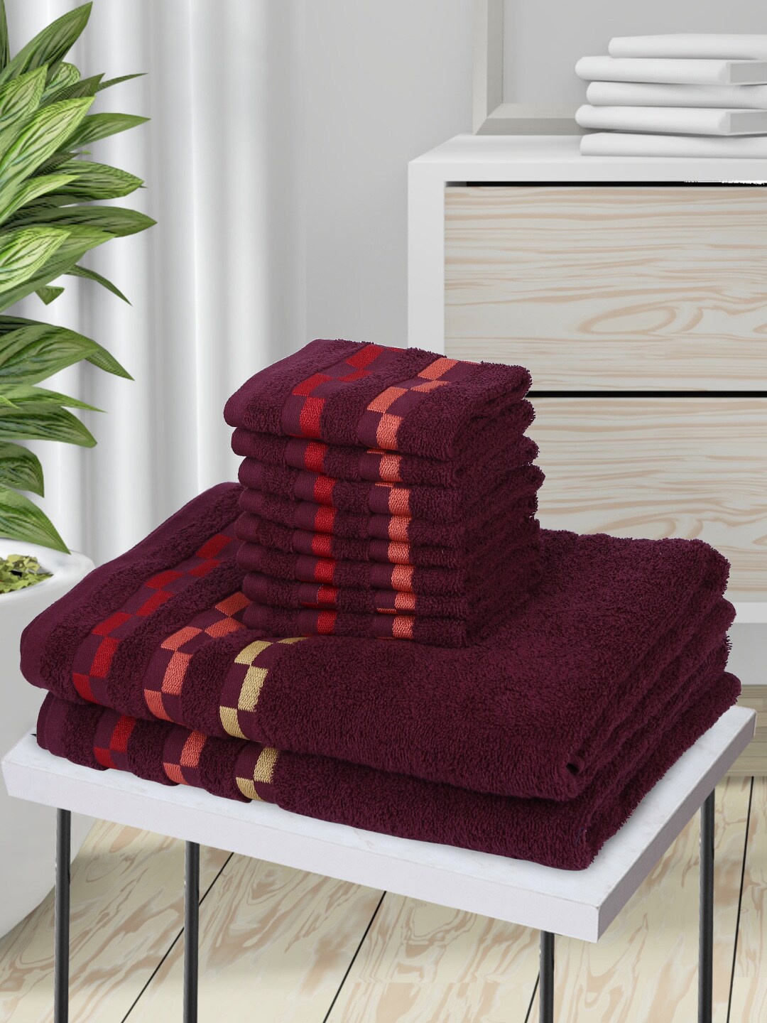 

BIANCA Set Of 10 Bumpy-Striped 450 GSM Mercerized Pure Combed Cotton Towels, Purple
