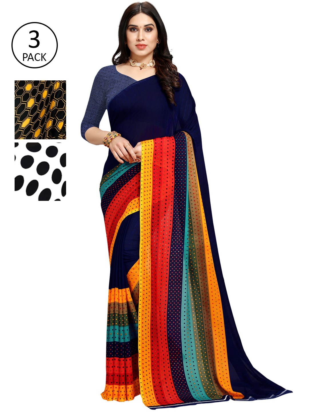 

KALINI Pack of 3 Poly Georgette Sarees, White