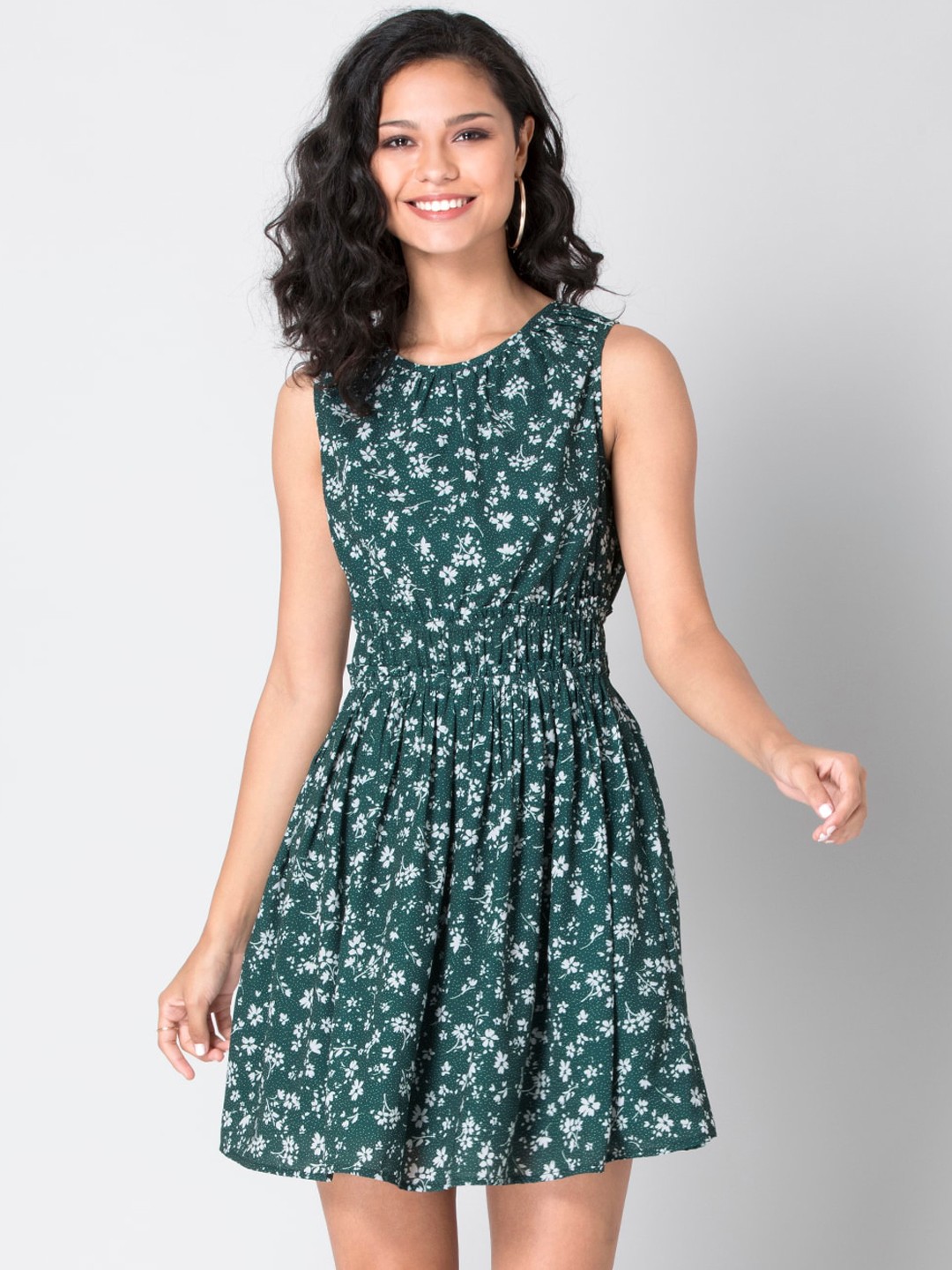 

FabAlley Women Green & White Floral Elasticated Waist Fit and Flare Dress