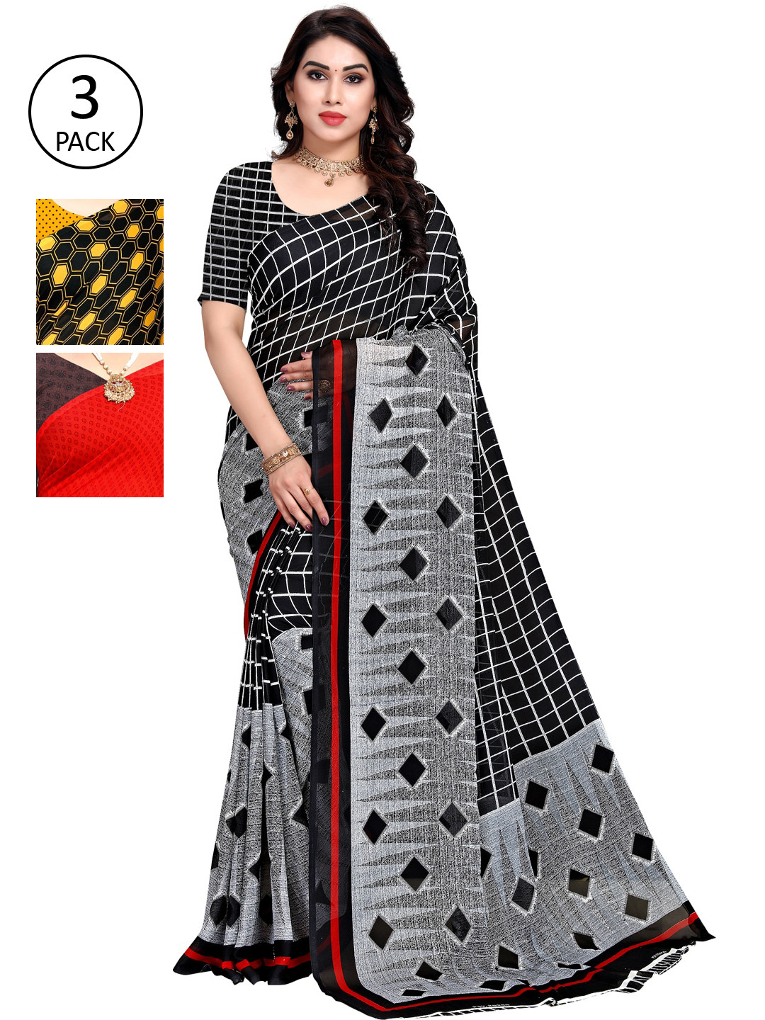 

KALINI Multicoloured Set of 3 Poly Georgette Saree, Multi