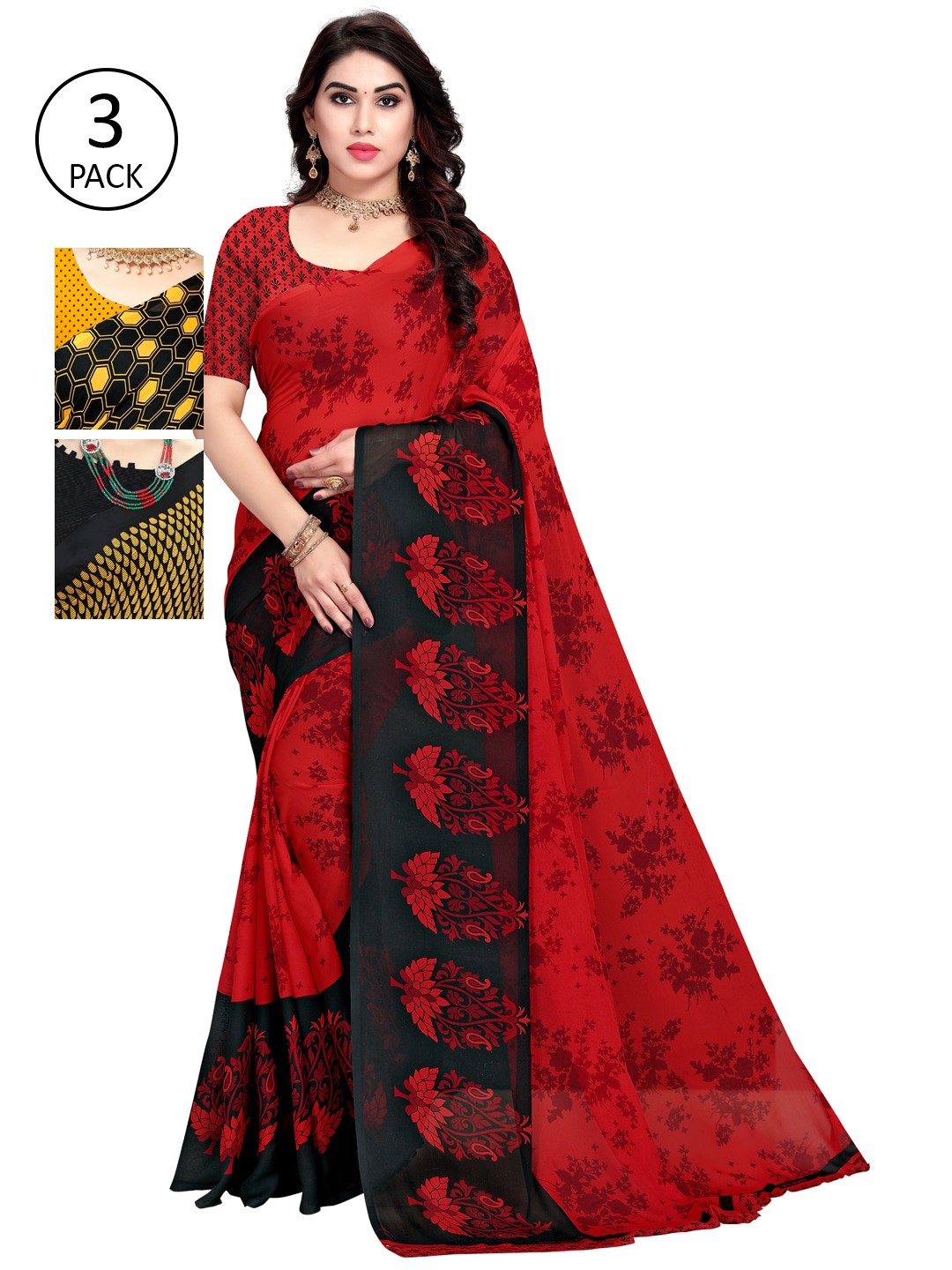 

KALINI Pack of 3 Poly Georgette Sarees, Red