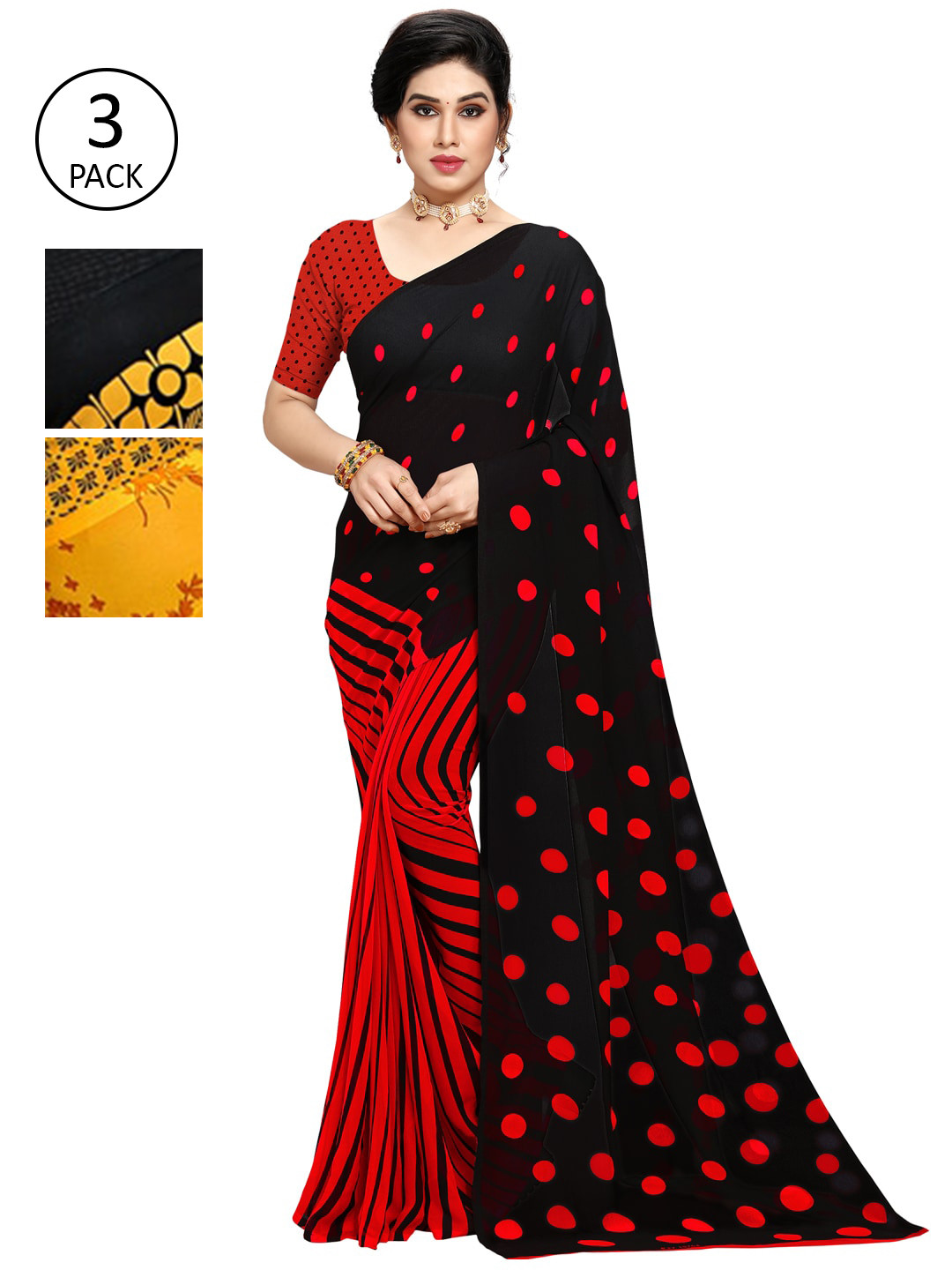 

KALINI Black & Red Pack of 3 Printed Saree
