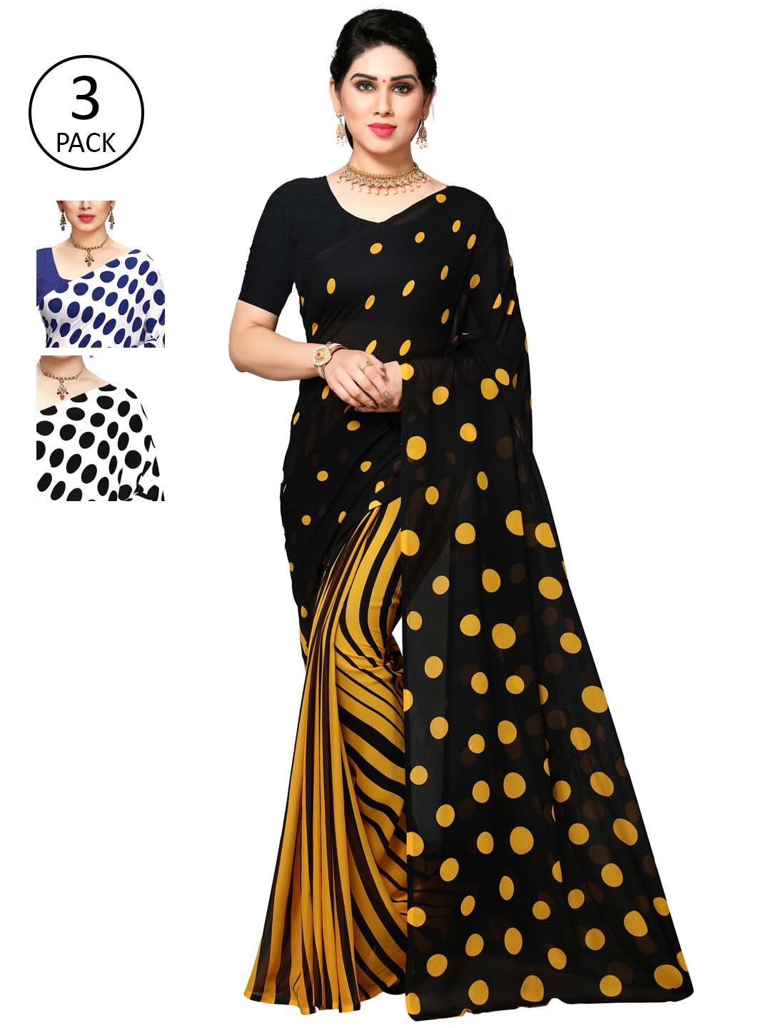 

KALINI Pack Of 3 Multicoloured Poly Georgette Half & Half Sarees, Multi