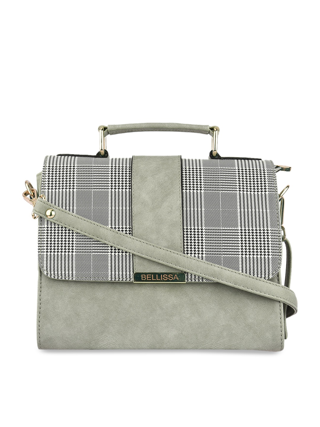 

Bellissa Grey Checked Printed PU Oversized Structured Satchel with Applique