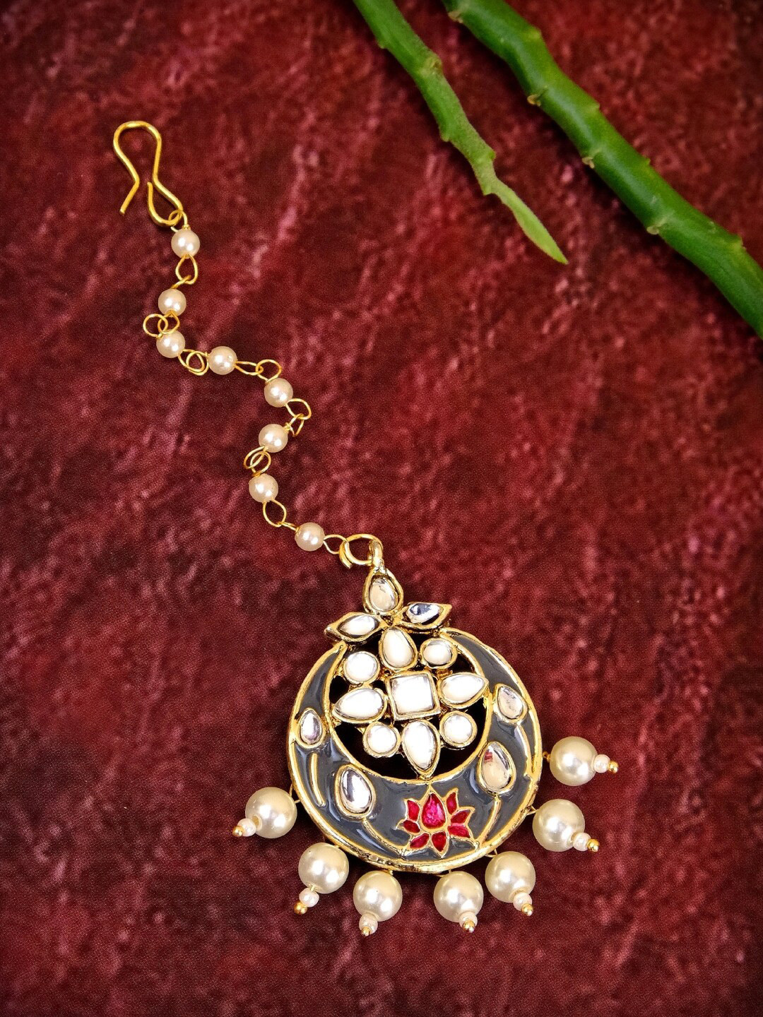 

Crunchy Fashion Gold-Plated White & Grey Kundan-Studded Beaded Meenakari Maang Tikka