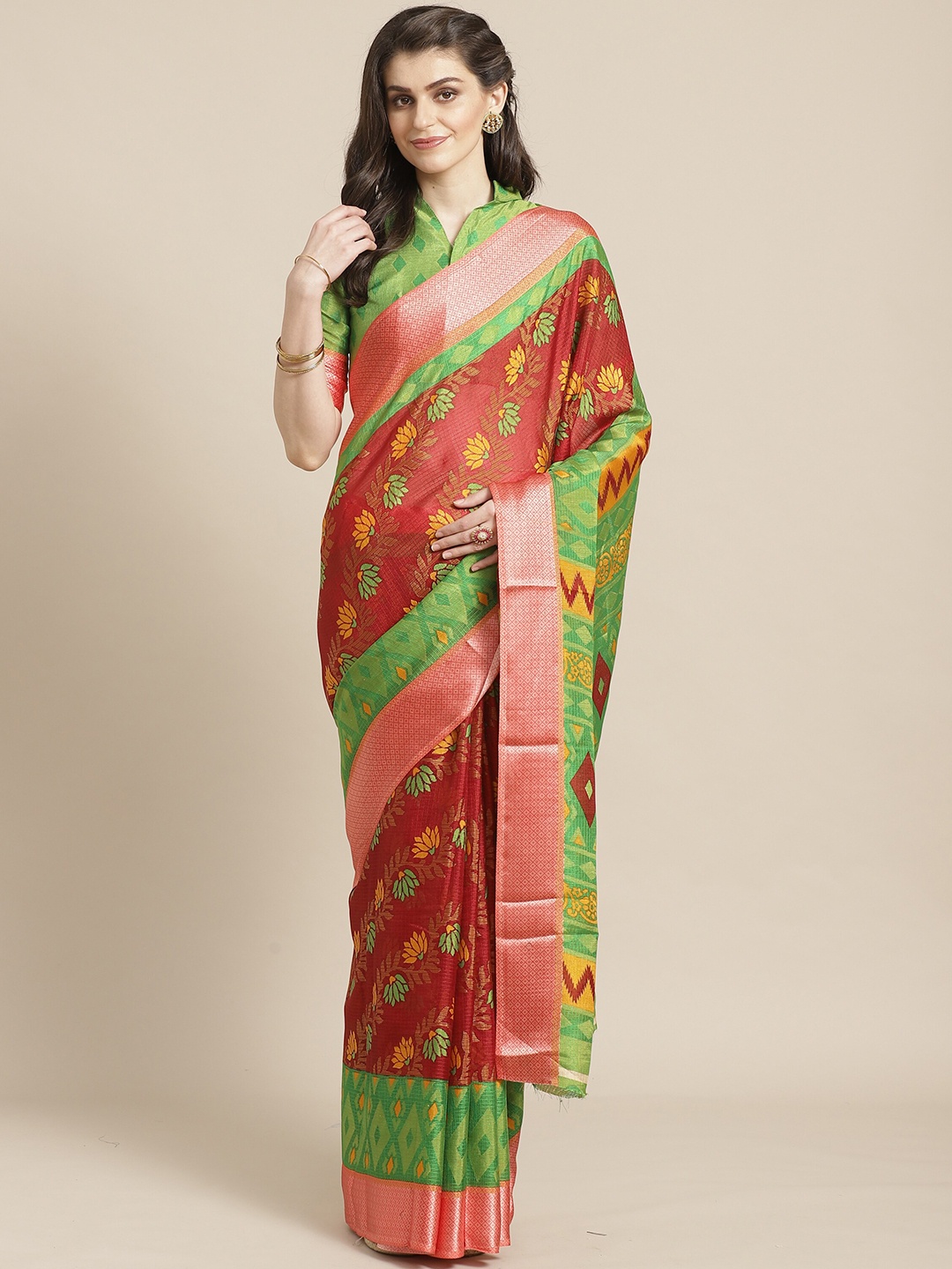

Saree mall Maroon & Green Floral Zari Brasso Sarees