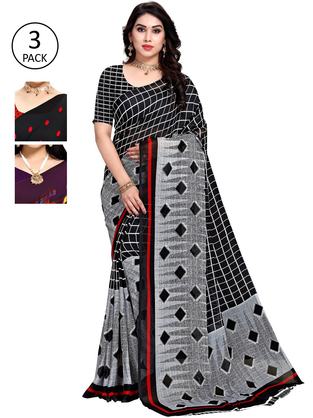 

KALINI Pack Of 3 Multicoloured Poly Georgette Sarees, Multi