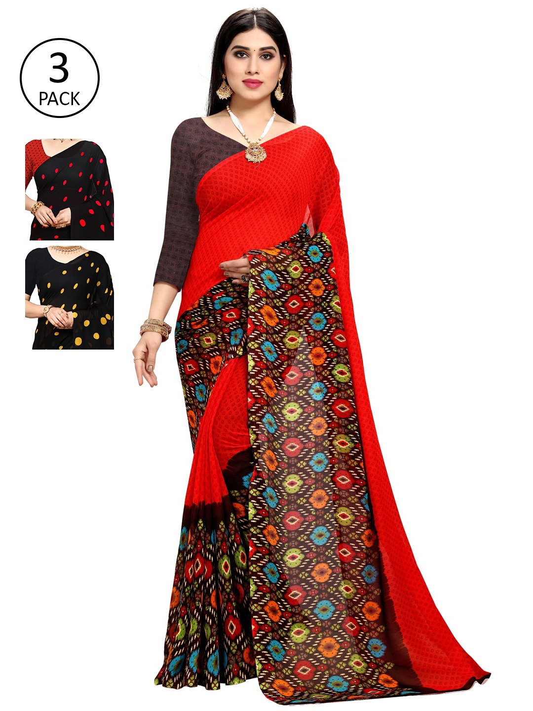 

KALINI Pack of 3 Red & Black Saree