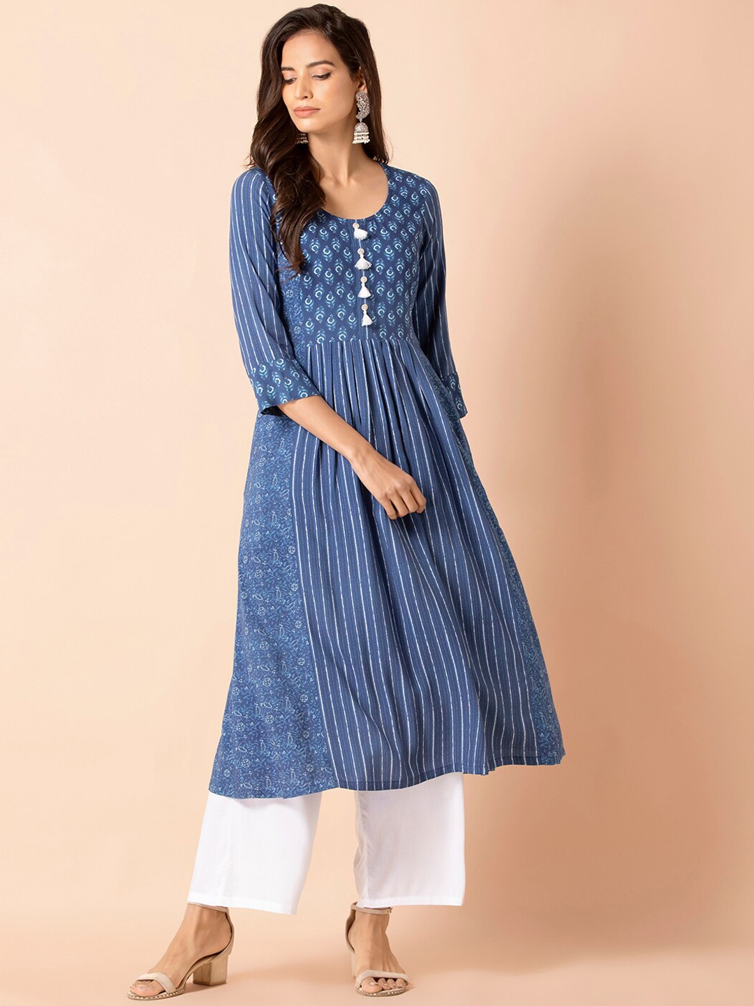 

INDYA Women Blue Striped Pleated Kurti with Trousers