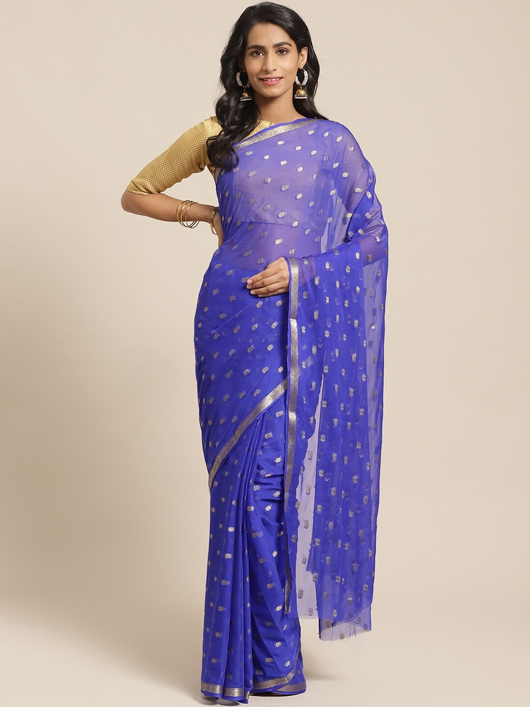 

Saree mall Blue & Golden Woven Design Poly Chiffon Sarees
