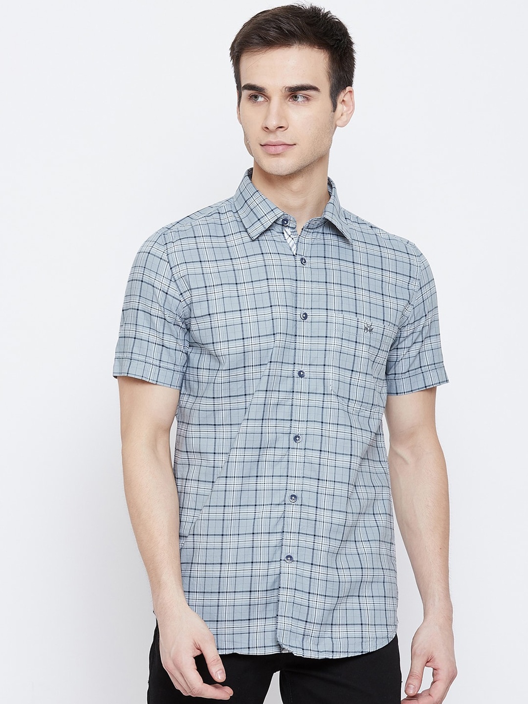 Crimsoune Club Men Blue Slim Fit Tartan Checked Cotton Casual Shirt