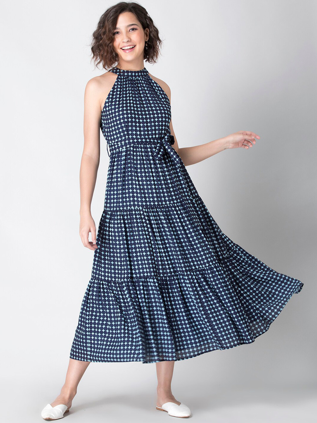

FabAlley Women Blue & Green Polka Halter Neck Tiered Maxi Dress