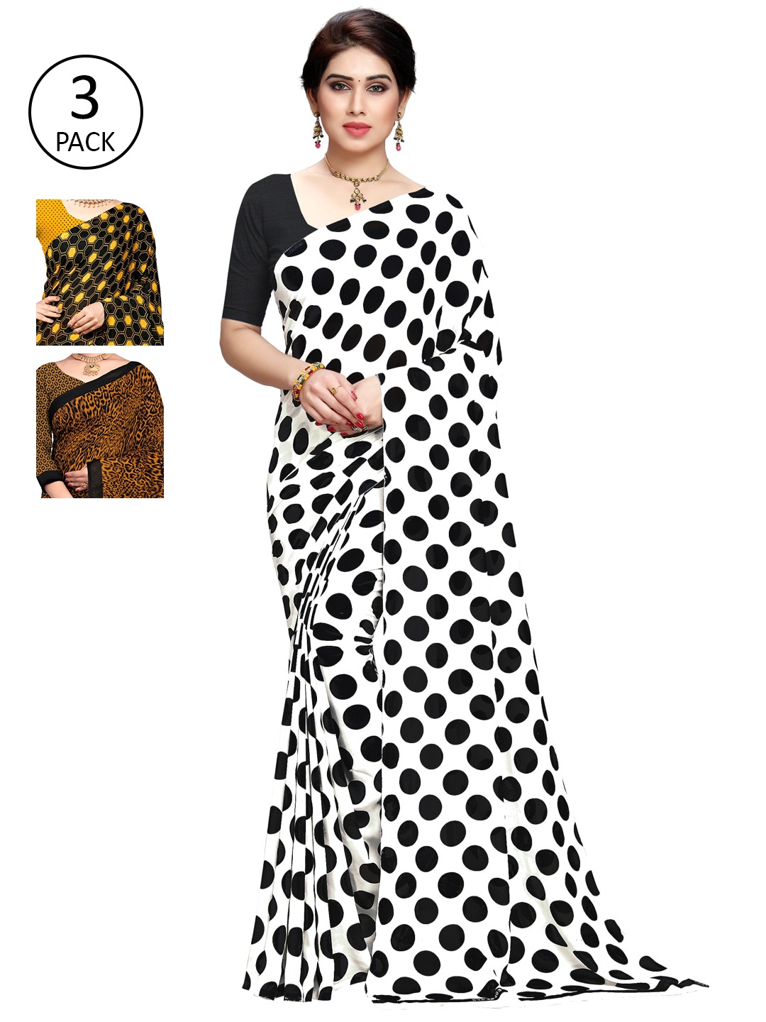 

KALINI Pack of 3 Printed Sarees, White