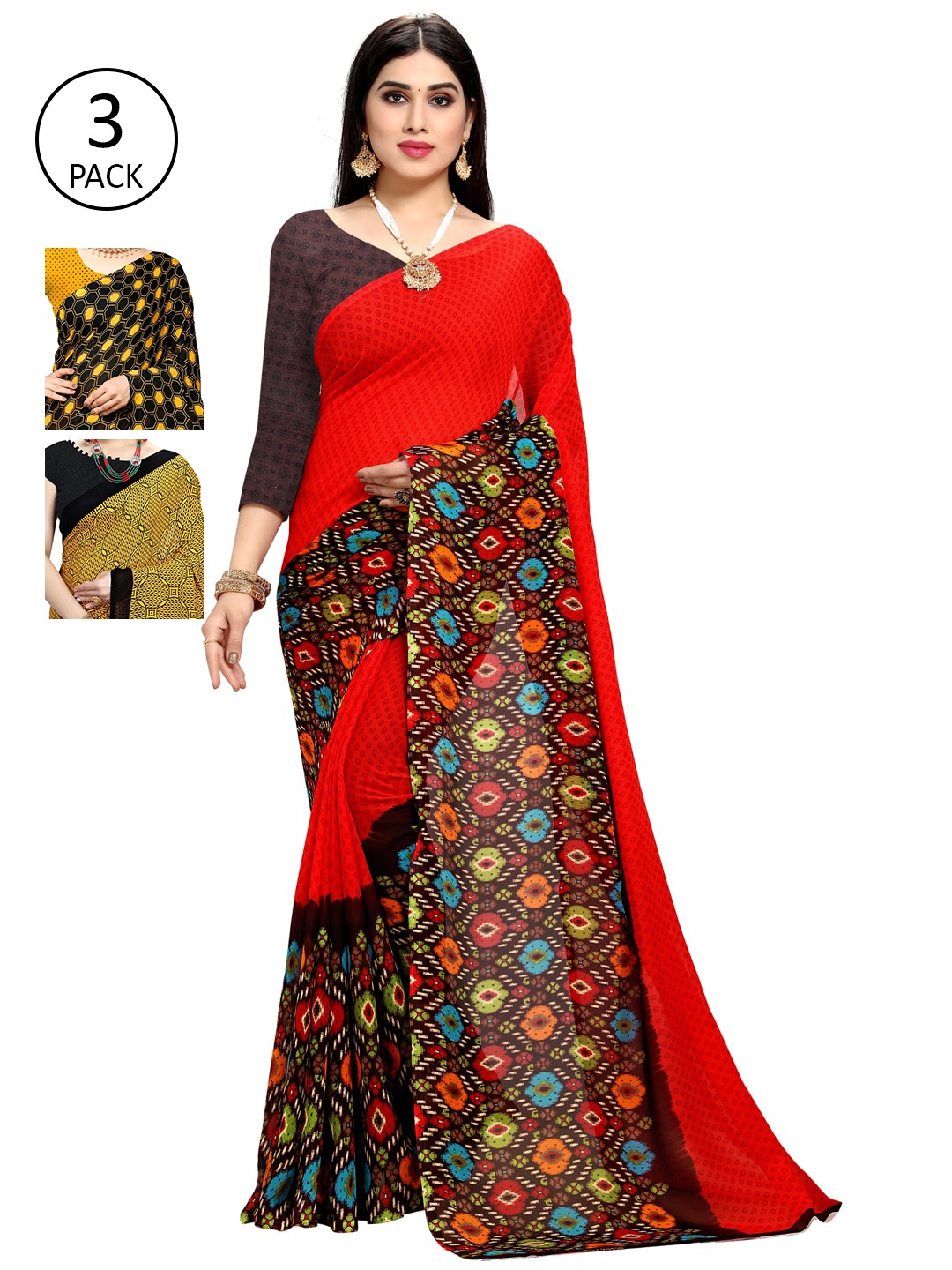 

KALINI Pack of 3 Printed Sarees, Red