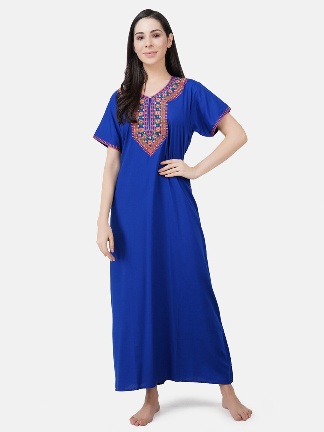 

KOI SLEEPWEAR Blue & Pink Embroidered Cotton Maxi Nightdress