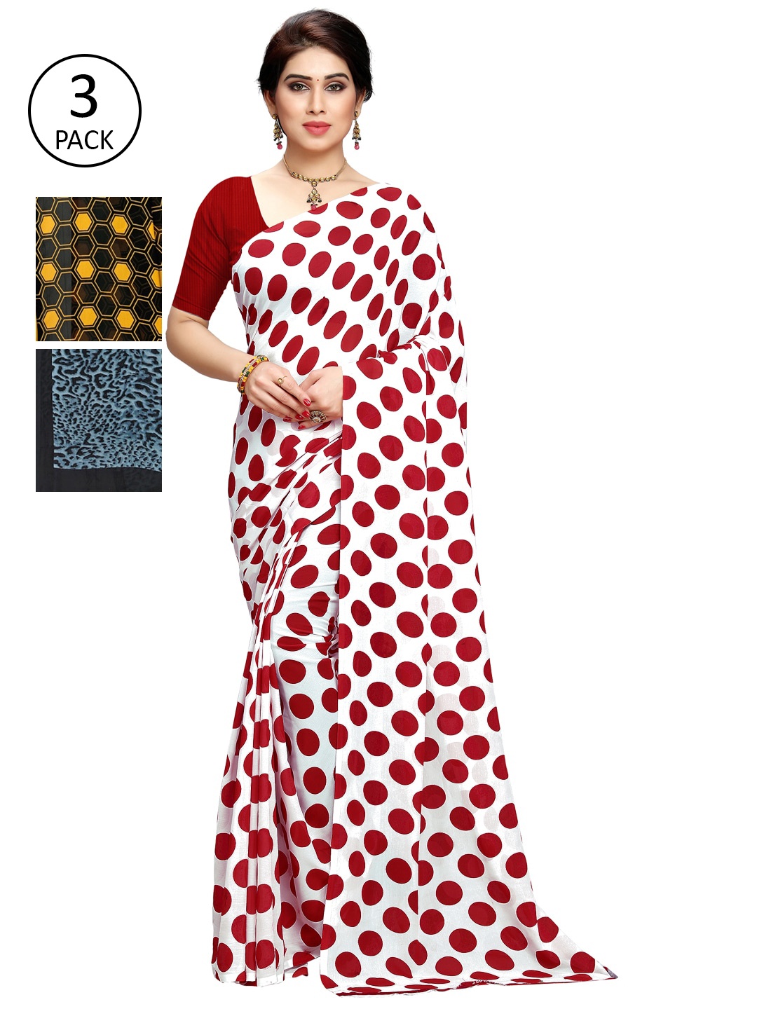 

KALINI White & Red Pack of 3 Printed Saree