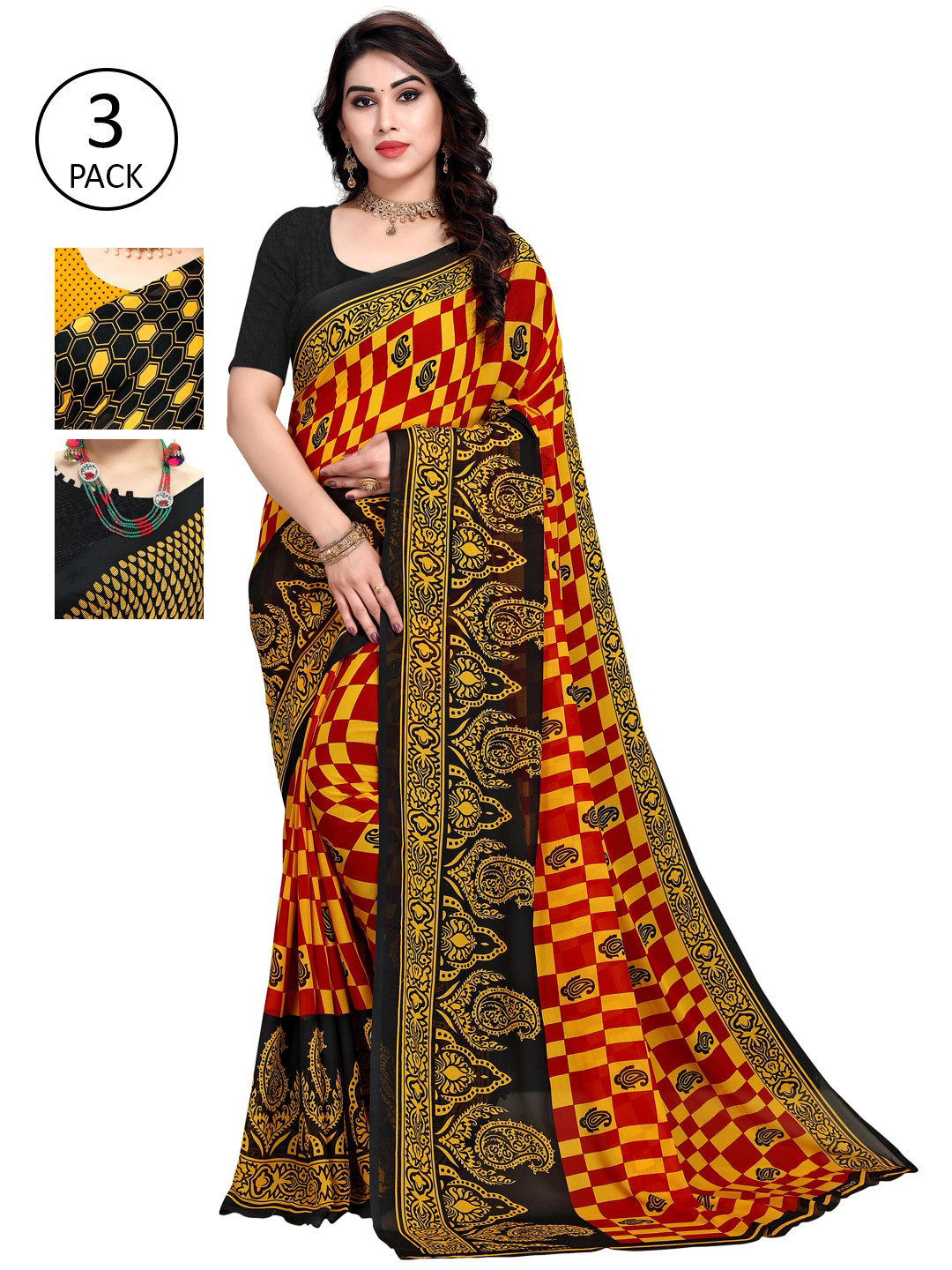 

KALINI Pack of 3 Printed Poly Georgette Saree, Multi