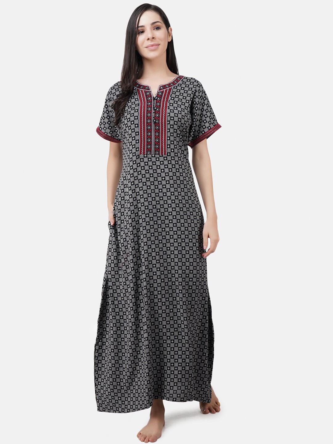 

KOI SLEEPWEAR Grey Printed Maxi Nightdress With Embroidered Detail & Pockets