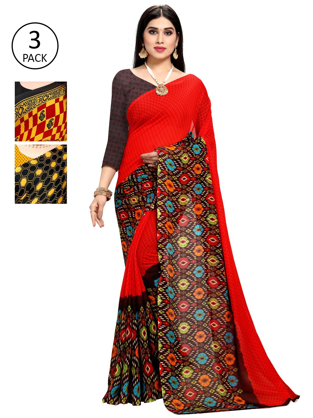 

KALINI Multicoloured Set of 3 Poly Georgette Saree, Multi