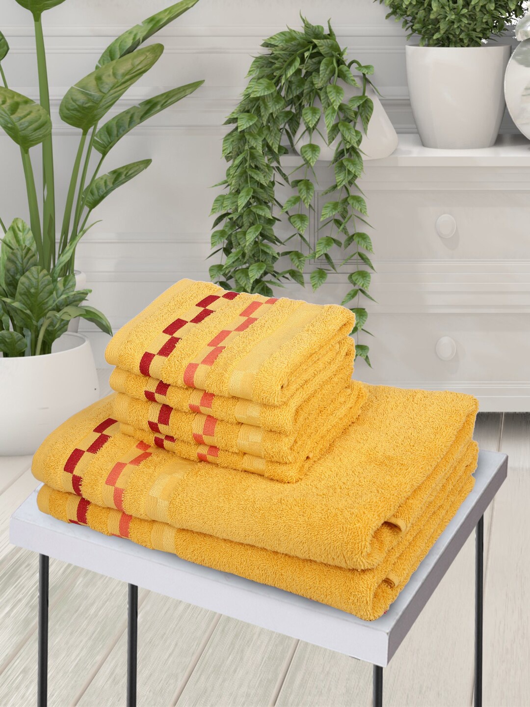 

BIANCA Set Of 6 Yellow Solid 450 GSM Cotton Towels Set, Gold