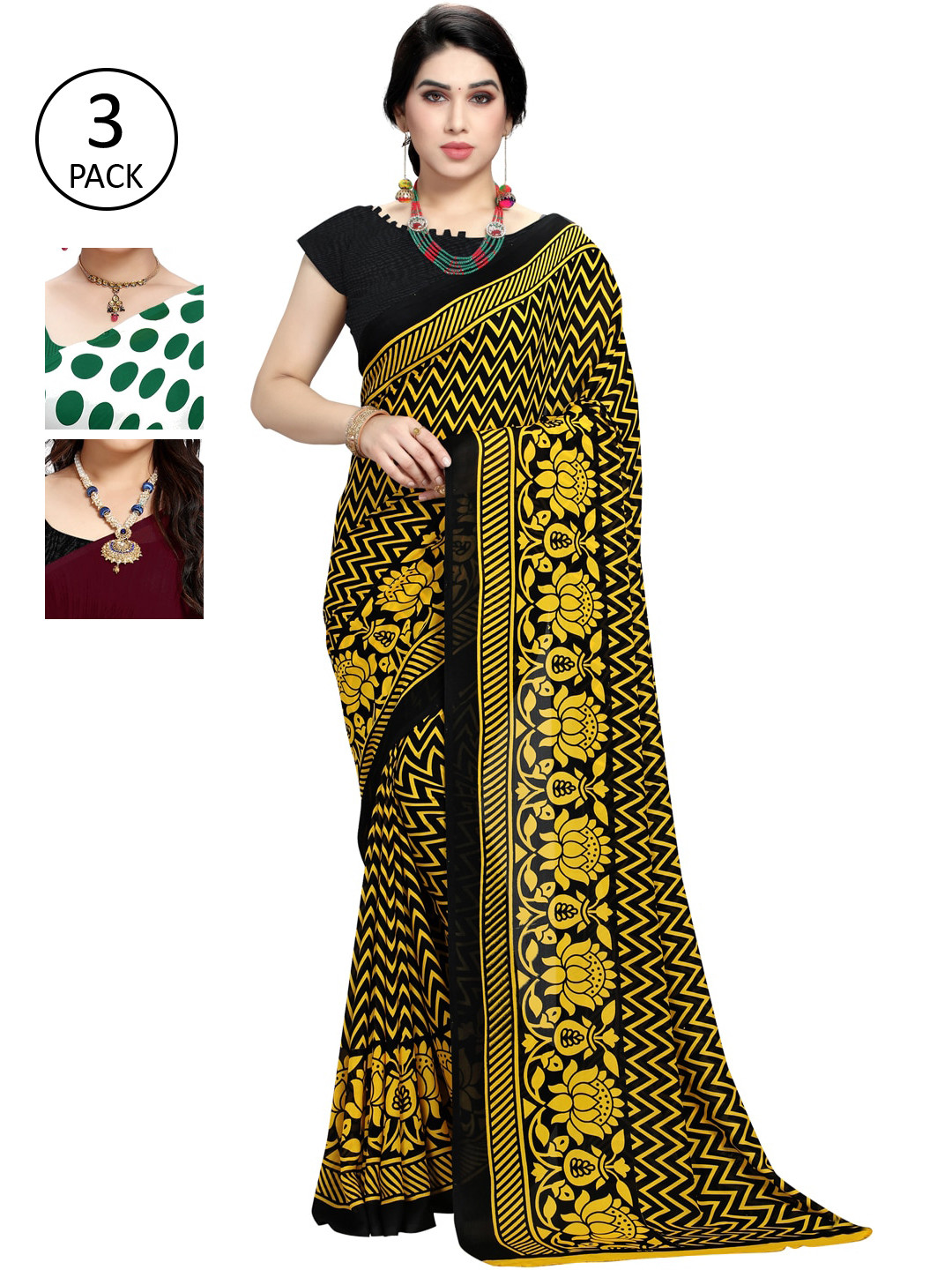 

KALINI Pack Of 3 Multicoloured Poly Georgette Sarees, Multi