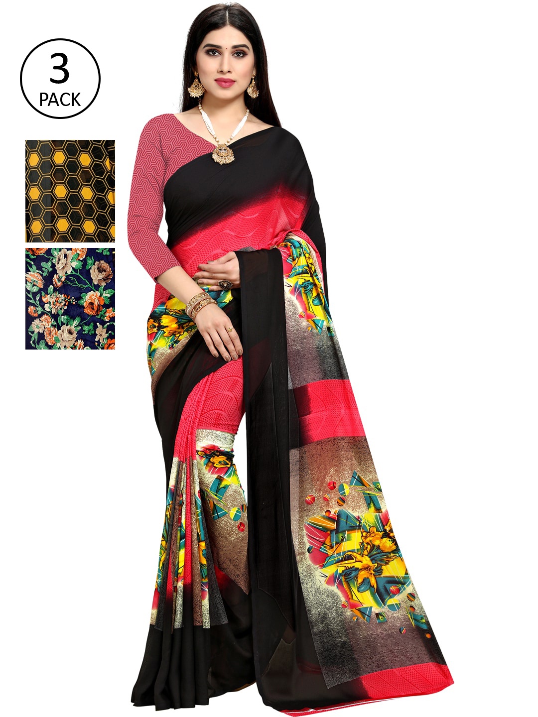 

KALINI Multi Pack of 3 Printed Poly Georgette Saree