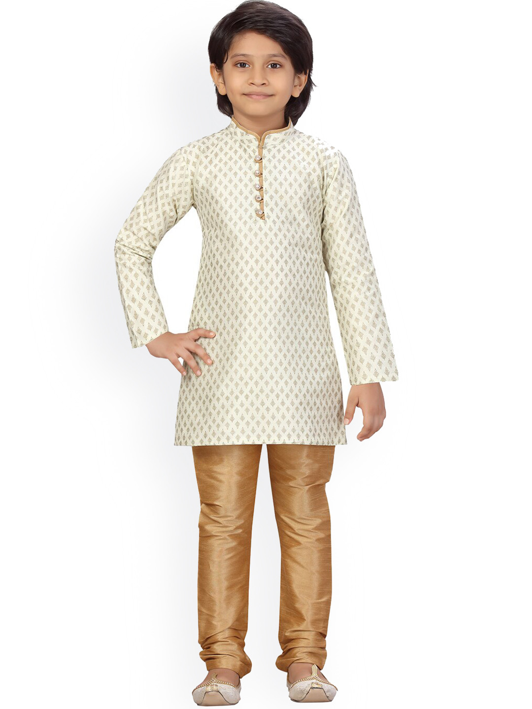 

LITTLE MAFIA BY Aarika Boys Cream-Coloured Ethnic Motifs Printed Pure Silk Kurta with Churidar