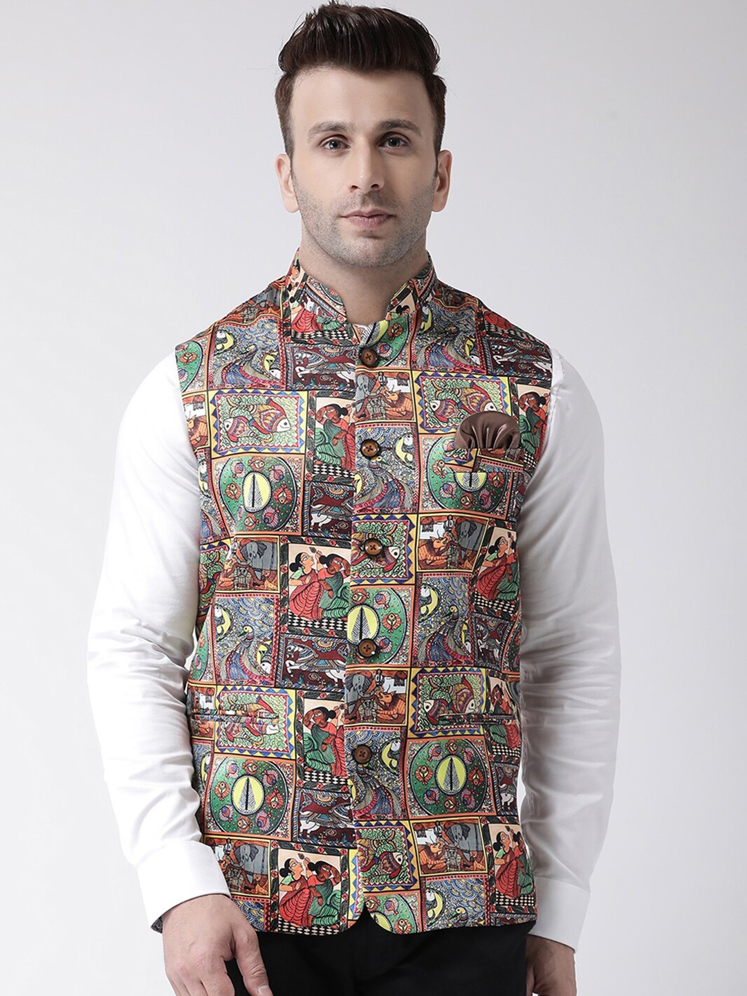 

Hangup Men Orange & Green Printed Woven Nehru Jacket