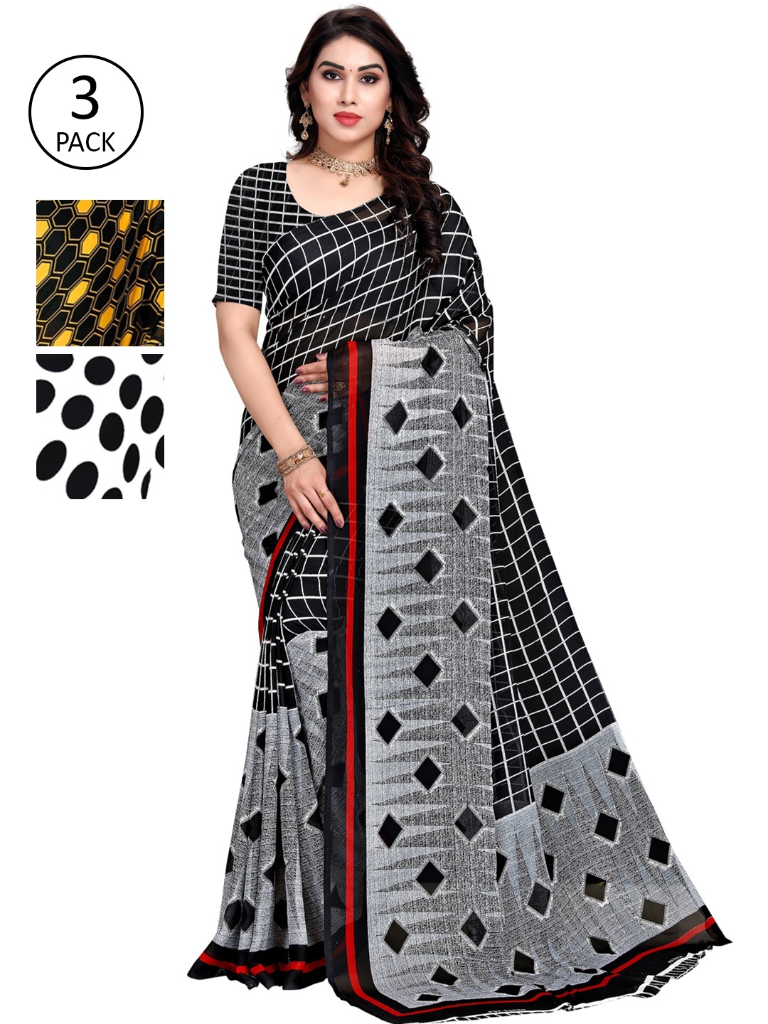

KALINI Pack Of 3 Poly Georgette Sarees, Grey